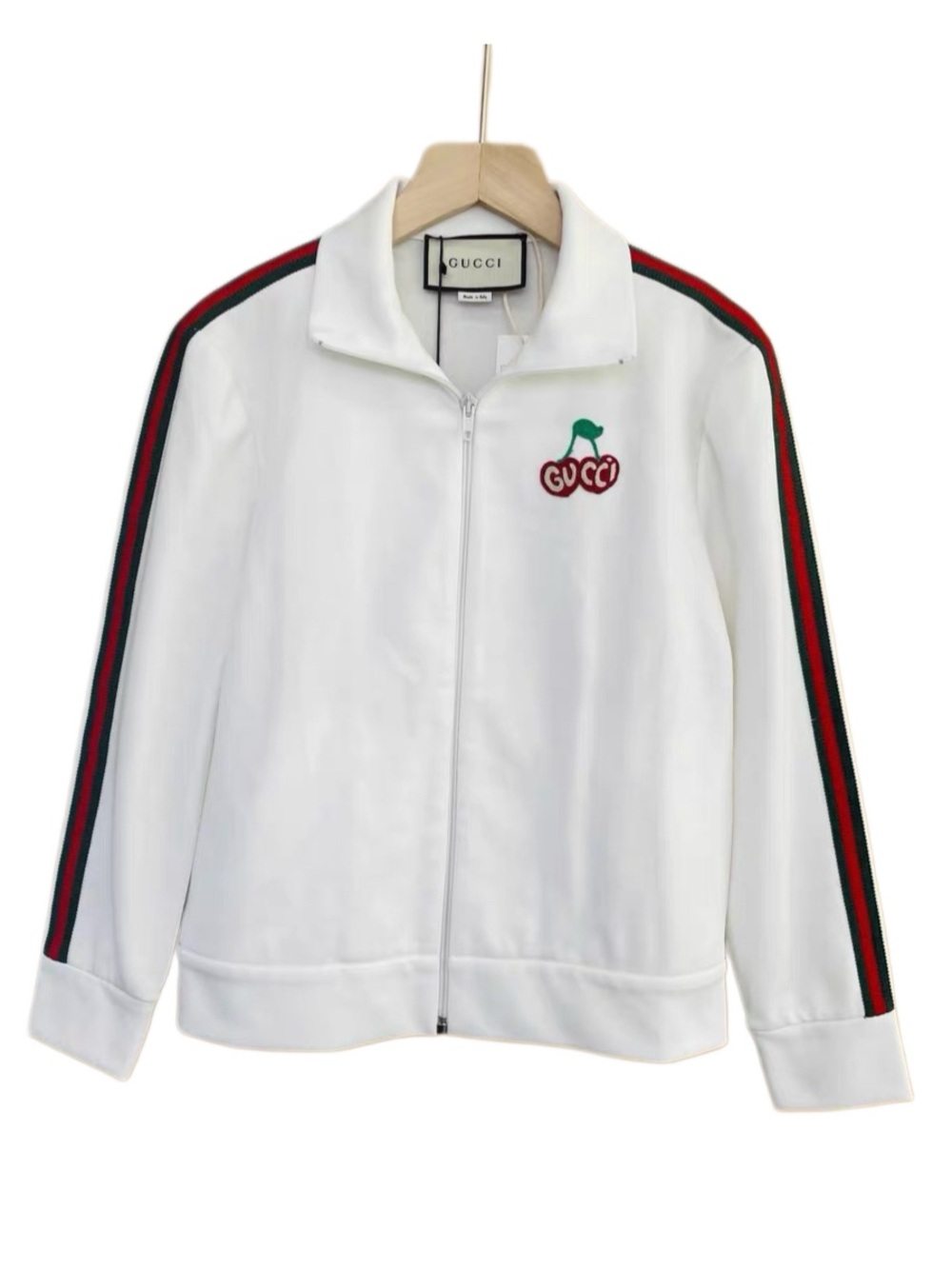 Gucci White Track Jacket with Red & Green Cherry Patch